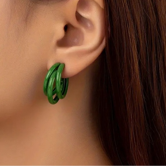 Geometric C Shaped Green Hoop Earrings - Picture 1 of 6